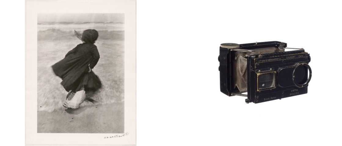 Ancien appareil photo Gaumont à soufflet avec photo en noir et blanc
