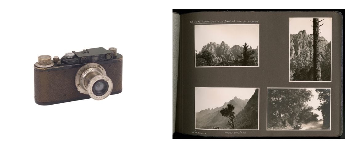 Appareil photo Leica vintage avec album de photos en noir et blanc