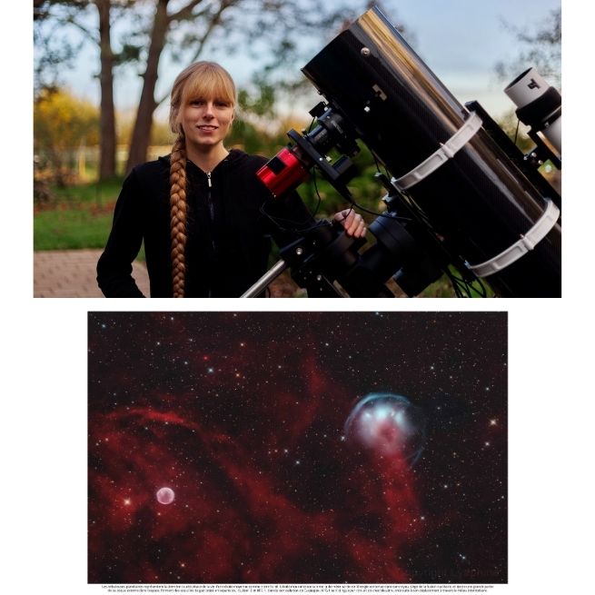 Sophie Paulin présentant son travail d’astrophotographie avec un télescope