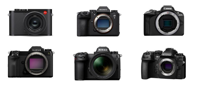 Différents types d'appareils photo : Nikon, Canon, Fujifilm,...