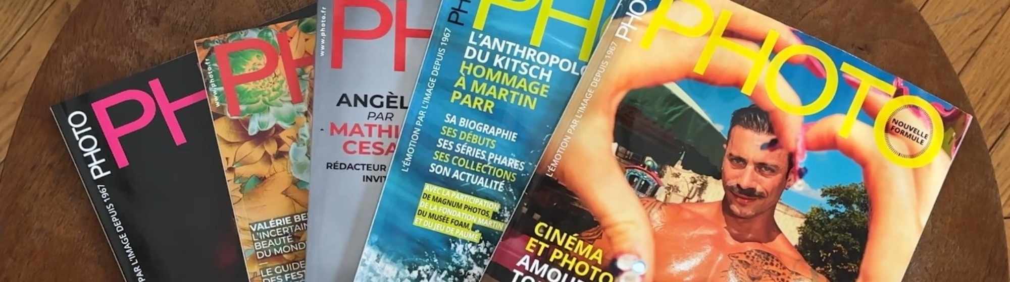 Collection de magazines Photo étalés sur une surface, avec des couvertures colorées et des sujets variés sur la photographie et le cinéma