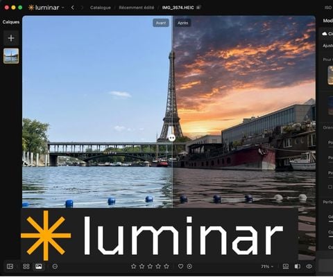 Interface du logiciel Luminar montrant une retouche photo avant et après