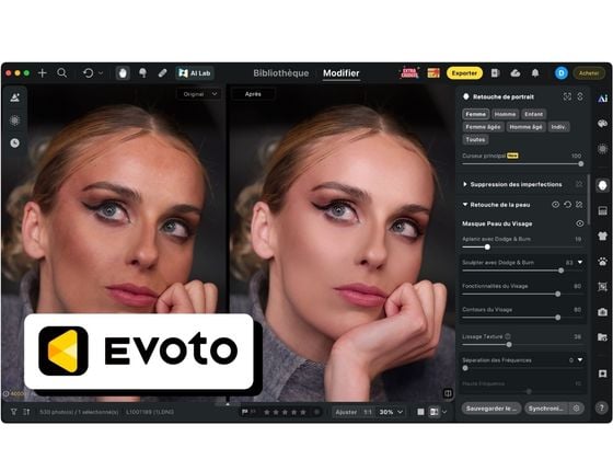 Interface du logiciel Evoto montrant la retouche avant/après d’un portrait sur un écran d’ordinateur