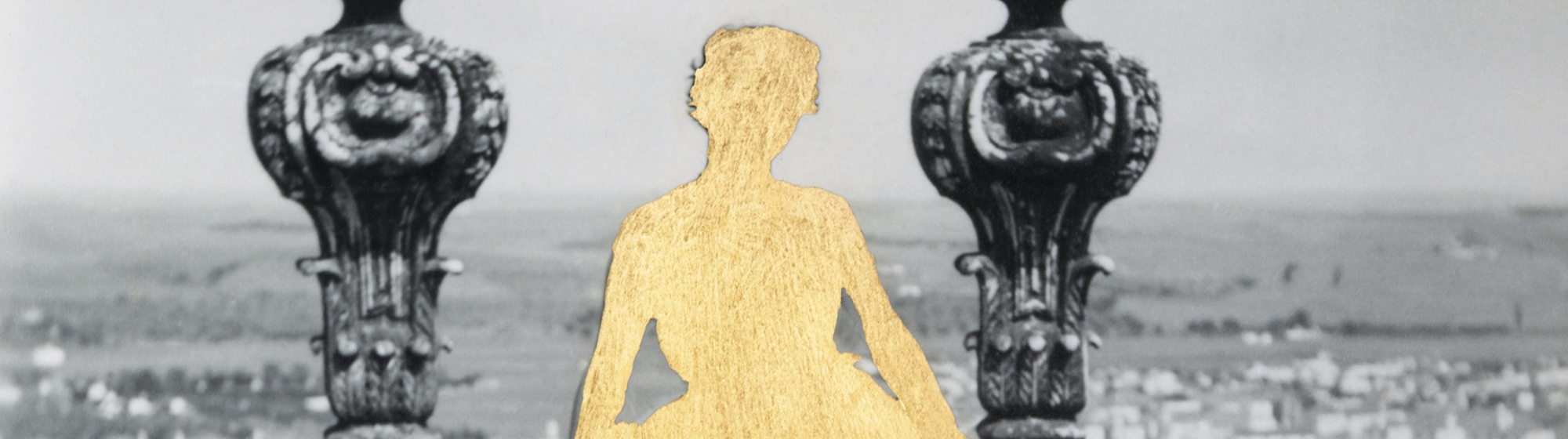 Silhouette dorée d'une jeune fille sur fond de paysage urbain noir et blanc format bannière