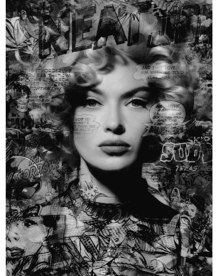 Portrait artistique en noir et blanc d’une femme, superposition de visuels de bande dessinée