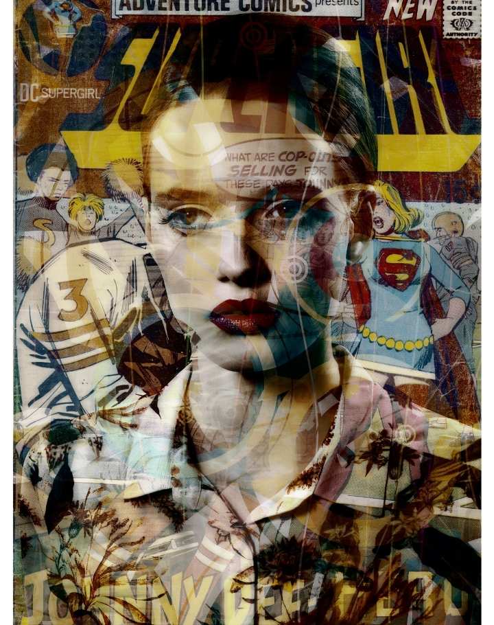 Portrait artistique d’une femme avec superposition d’illustrations de comics vintage