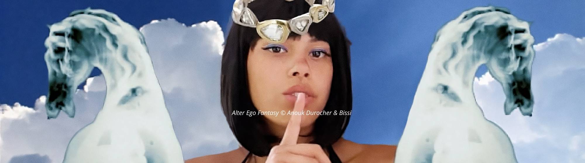 Portrait artistique d'une femme portant une couronne de pierres, posant devant un ciel bleu avec deux chevaux stylisés.