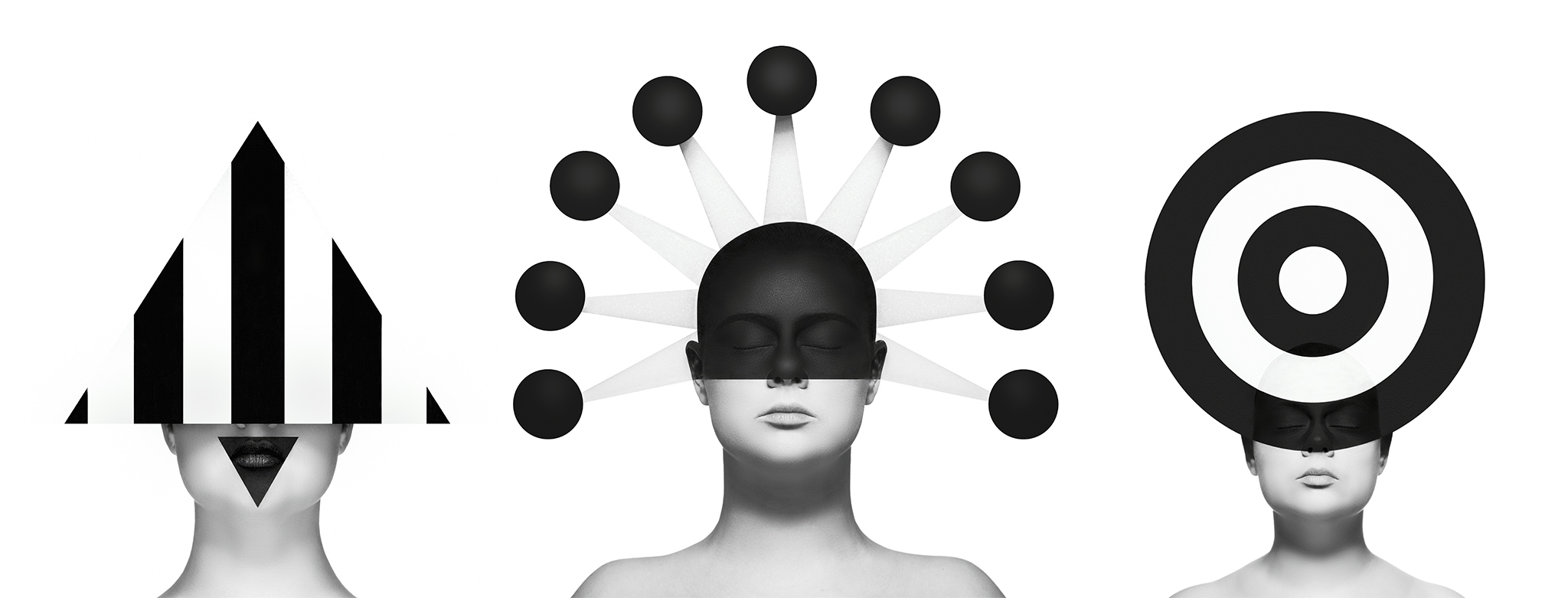 Photo artistique en noir et blanc où l'on voit le visage de 3 femmes avec des formes géométriques